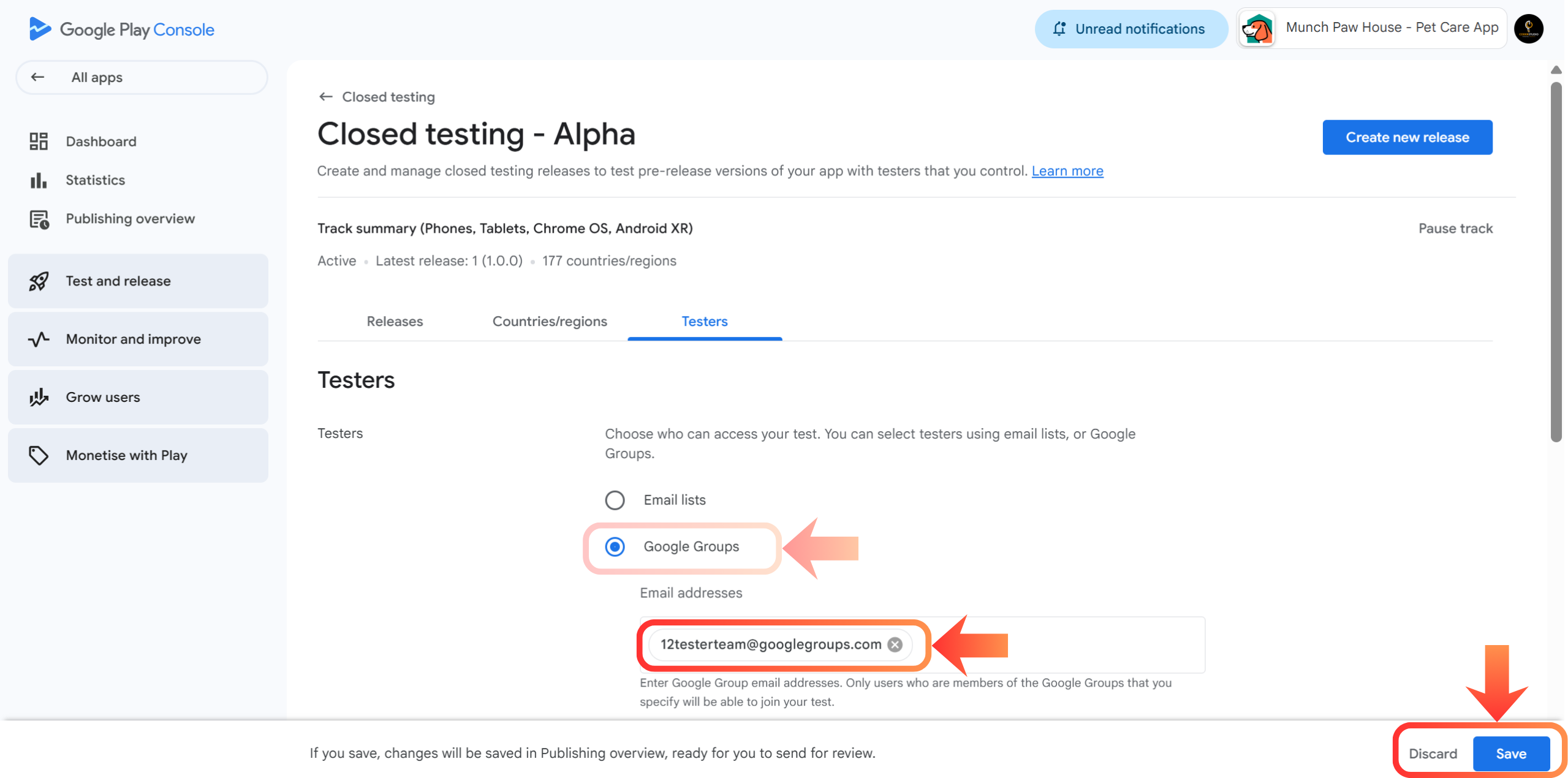 Add Google Group Testers in Closed Testing